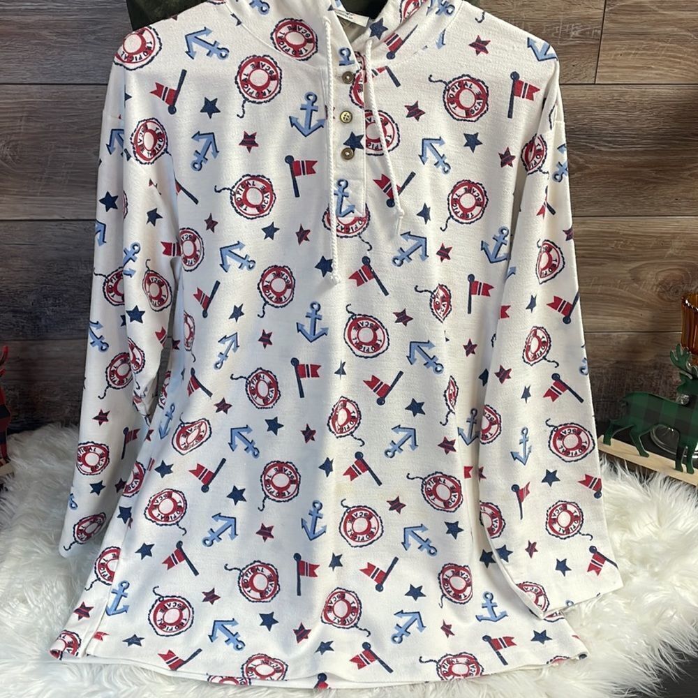 Amanda Stewart Ladies Long Sleeve Pullover Naitical Hooded Top , Size M